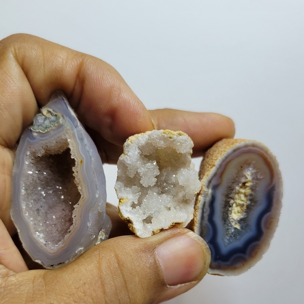 Trio of Small Agate Natural Crystal Geodes, Purple  Blue Cream